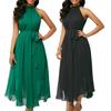 Plus Size Women Summer Solid Color Pleated Chiffon Sleeveless Belted Maxi Dress