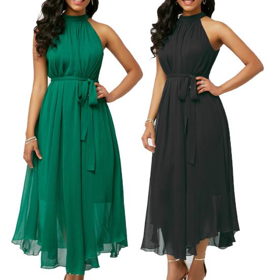 Plus Size Women Summer Solid Color Pleated Chiffon Sleeveless Belted Maxi Dress