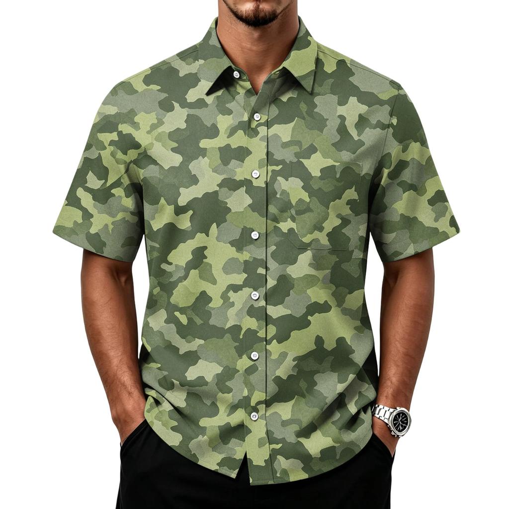 Men's Casual Short Sleeve Button Down Shirt Lightweight Breathable Fabric Classic Fit with Front Pocket Camouflage Print
