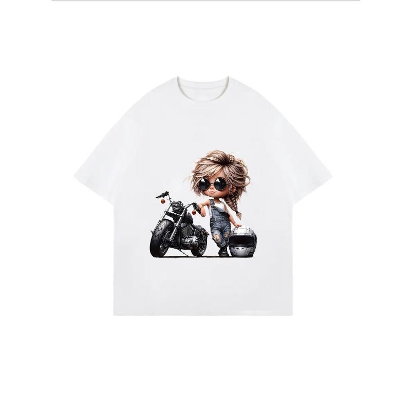 White T-Shirt With Motorcycle Girl Print For Casual Wear