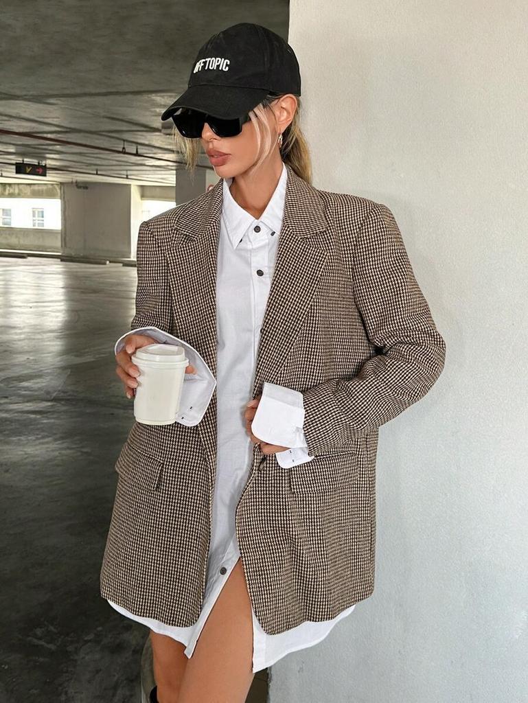2025 European Cross-border Houndstooth Street Style Loose Retro Plaid Coat.