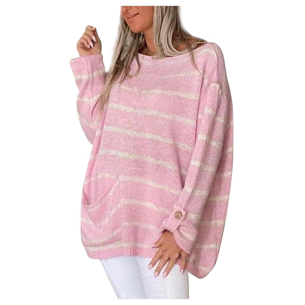 Women's Solid Color Contrast Striped Pullover Round Neck Loose Sweater Sweater