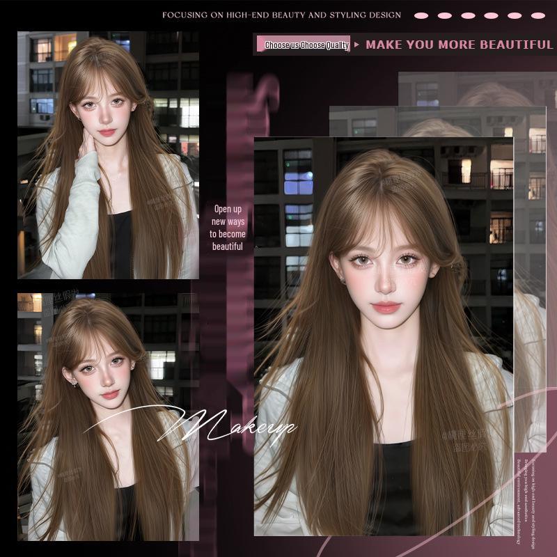 Long Straight Black Wig Set: Natural Hair, Full Head, Fashionable & Age-Reducing.