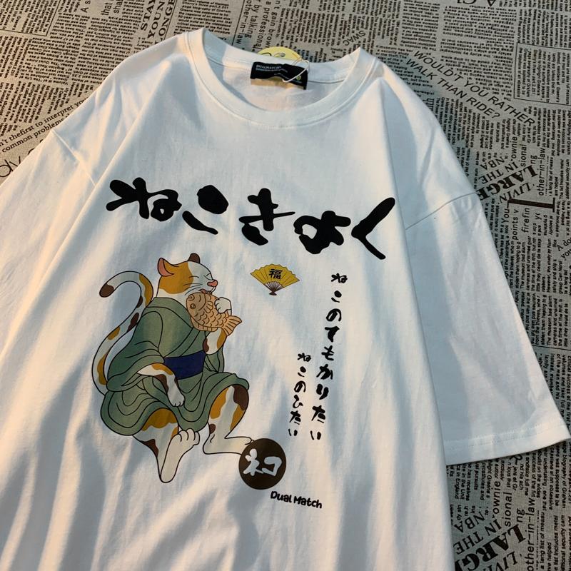 

Original Japanese Retro Fun Cartoon Print Pure Cotton Short Sleeved T-shirt For Women And men s Trendy Loose Round Neck Tee L
