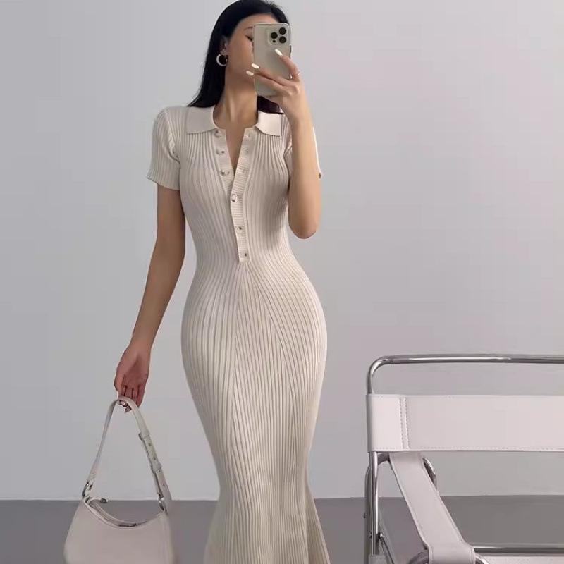 European & American Fishtail Knit Dress: Women's Summer Slim Fit Polo with Short Sleeves and Hip Wrap Skirt