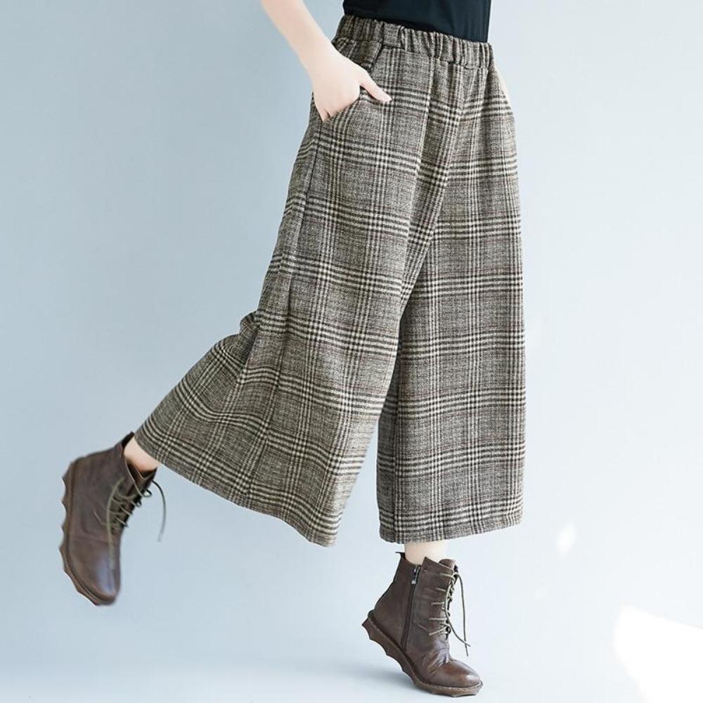 Johnature Casual Wide Leg Loose Plaid Women Pants Elastic Waist Calf Length Office Lady Women Pants