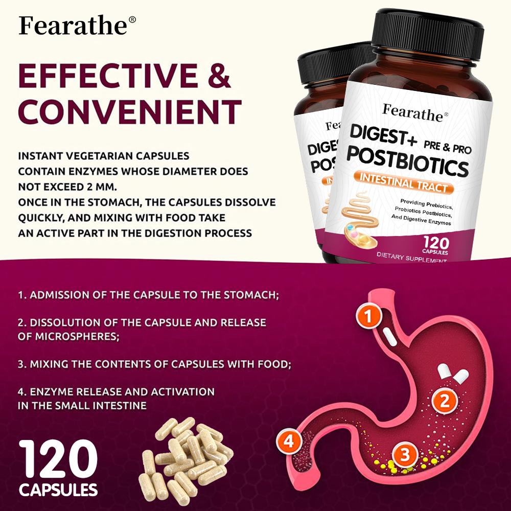 Prebiotic Probiotic Postbiotic Digestive Enzyme Complex Capsules, 120 Vegetable Capsules Dietary Supplement