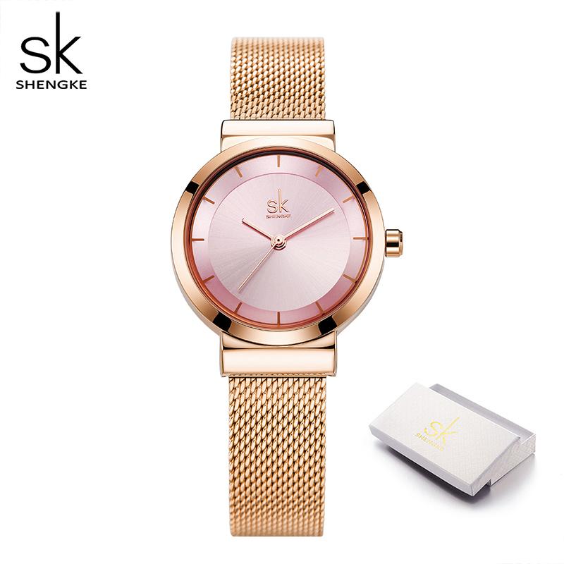 SHENGKE Orologio da polso di marca di lusso Orologio dorato da donna Elegante orologio da polso al quarzo con diamanti per donna Orologio in maglia d'acciaio
