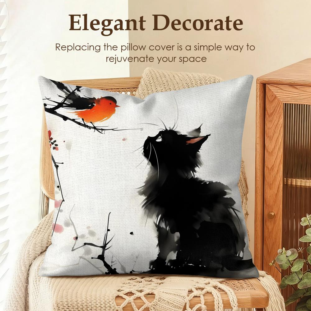 

Ink And Wash Cat Cushion Cover Natural Linen Organic Fabric DoubleSided Printing Sofa Home Decor Gift Pillow Case 30x30cm
