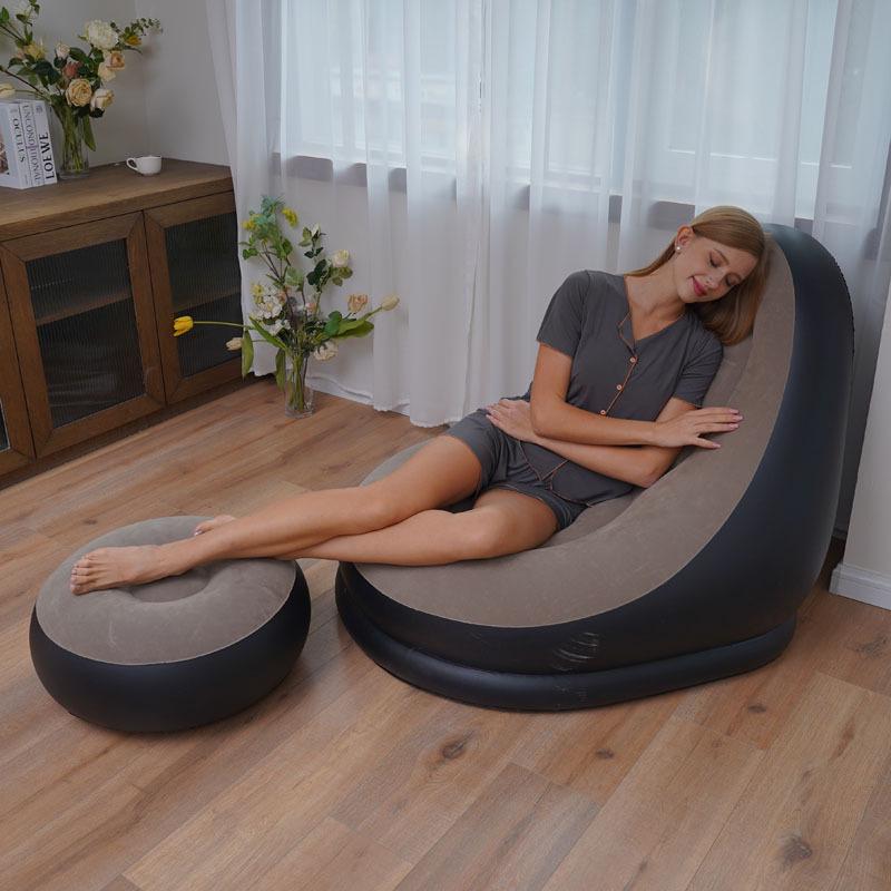 Inflatable Flocked Sofa & Footstool Set: Portable Tatami, Perfect for Lazy Naps & Camping.