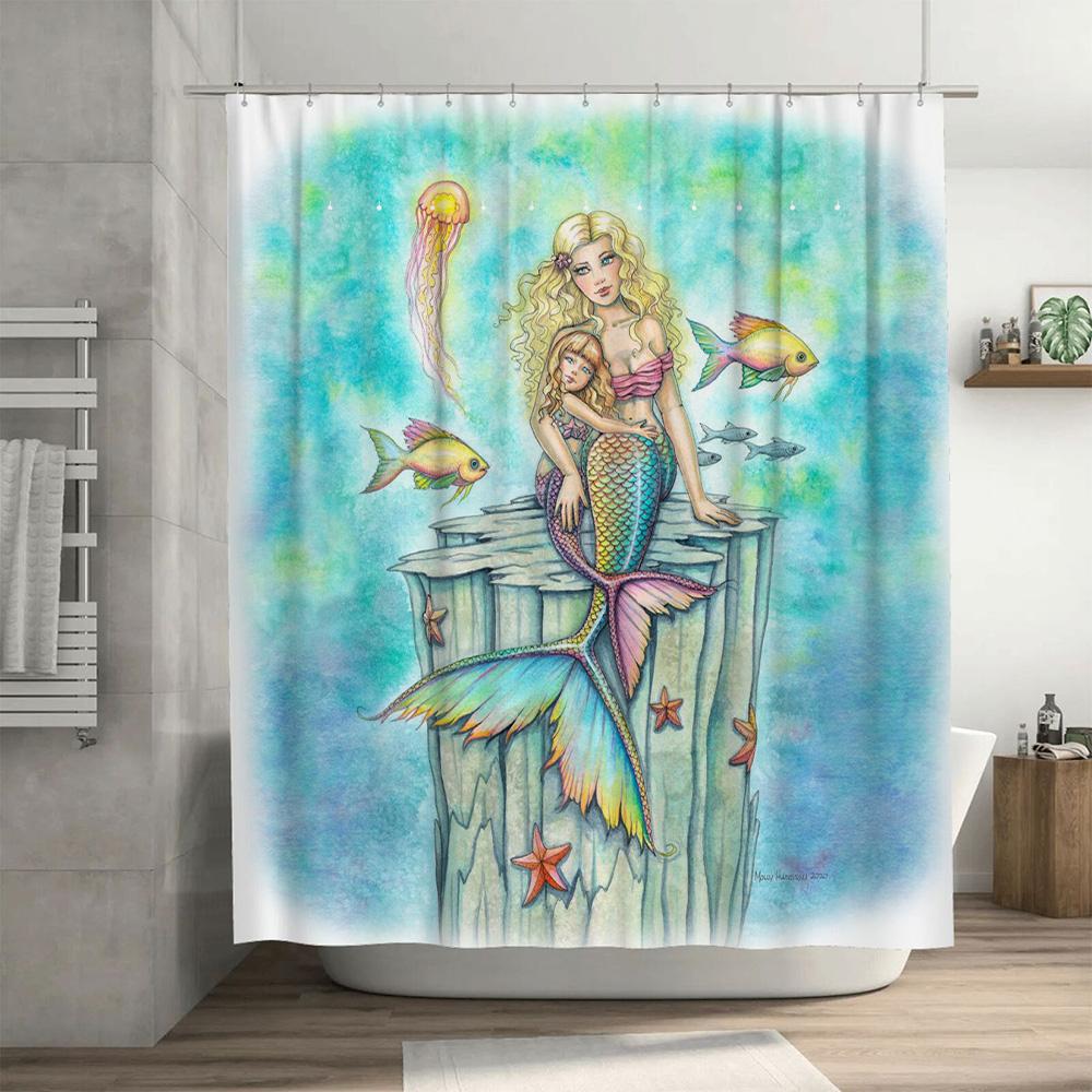 Underwater Mermaid Family Shower Curtain Watercolor Artistic Print Home Decor Waterproof Bath Liner for Bathroom Decoration T376