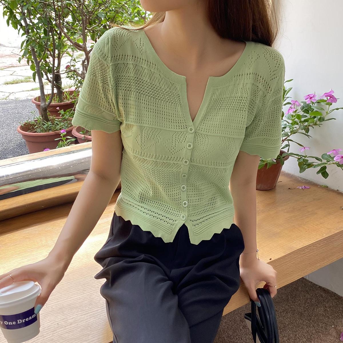 

Вязаный кардиган из ледяного шелка, женская летняя новая футболка с V-образным вырезом и короткими рукавами One size