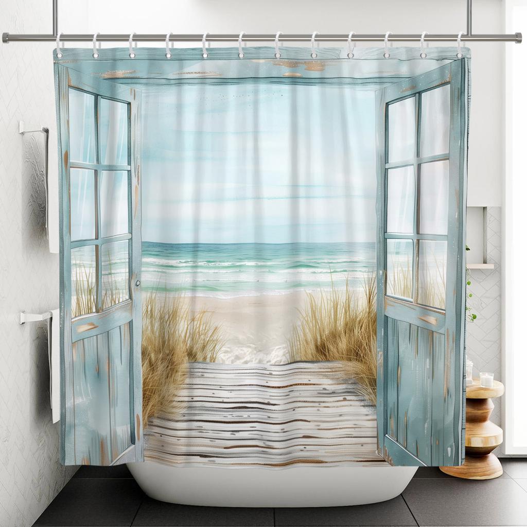 Coastal Vacation Shower Curtain Beach View Door Waterproof Bath Curtain For Bathroom Decor Palm Sailboat Polyester With Hooks