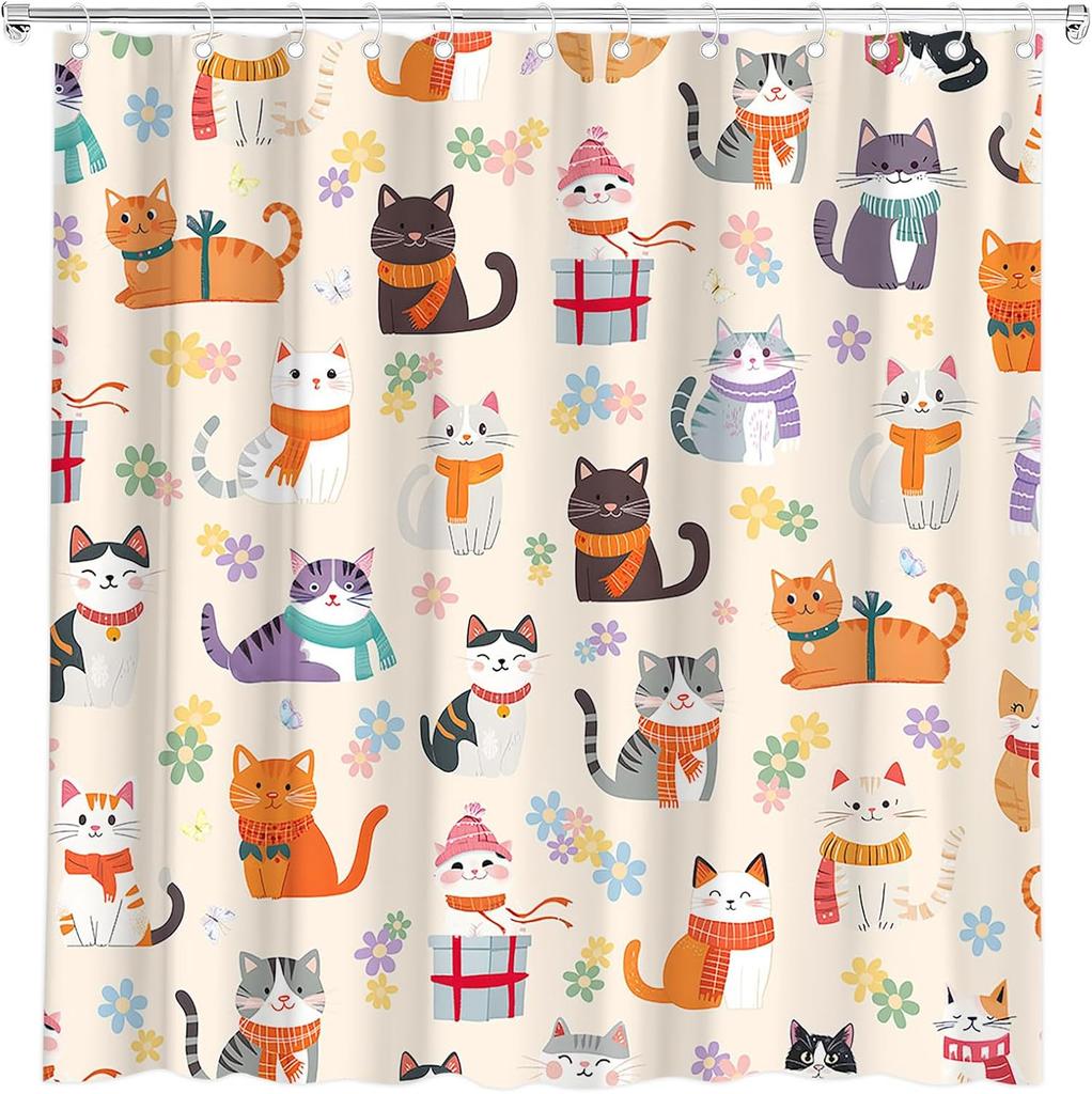 Lustiger Katze Duschvorhang Abstraktes Kätzchen Bunt Niedlich Floral Schmetterling Liebliche Haustiere Cartoon Tier Wildblume Modern Minimalismus