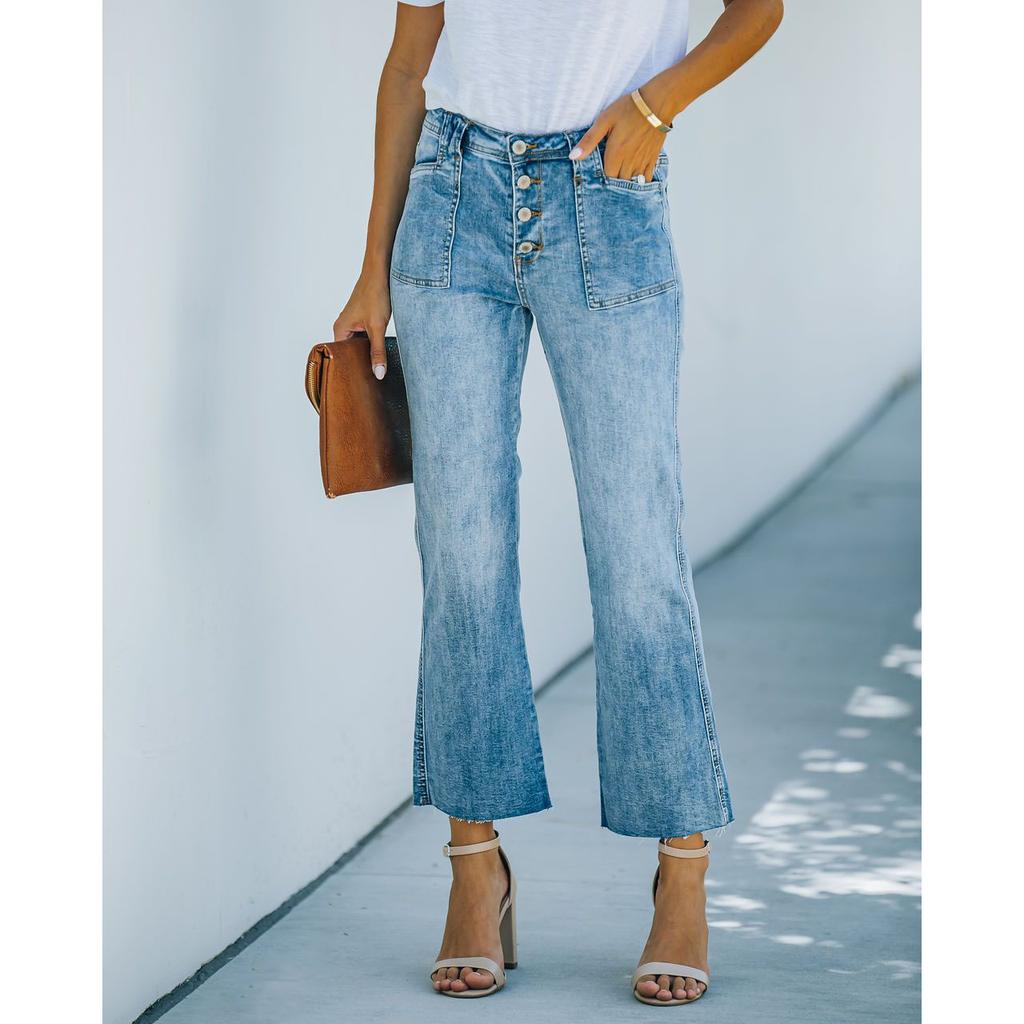 Button Wide Leg Denim High Waisted Women Street Hipster Plain Washed Blue Jeans Plus Size