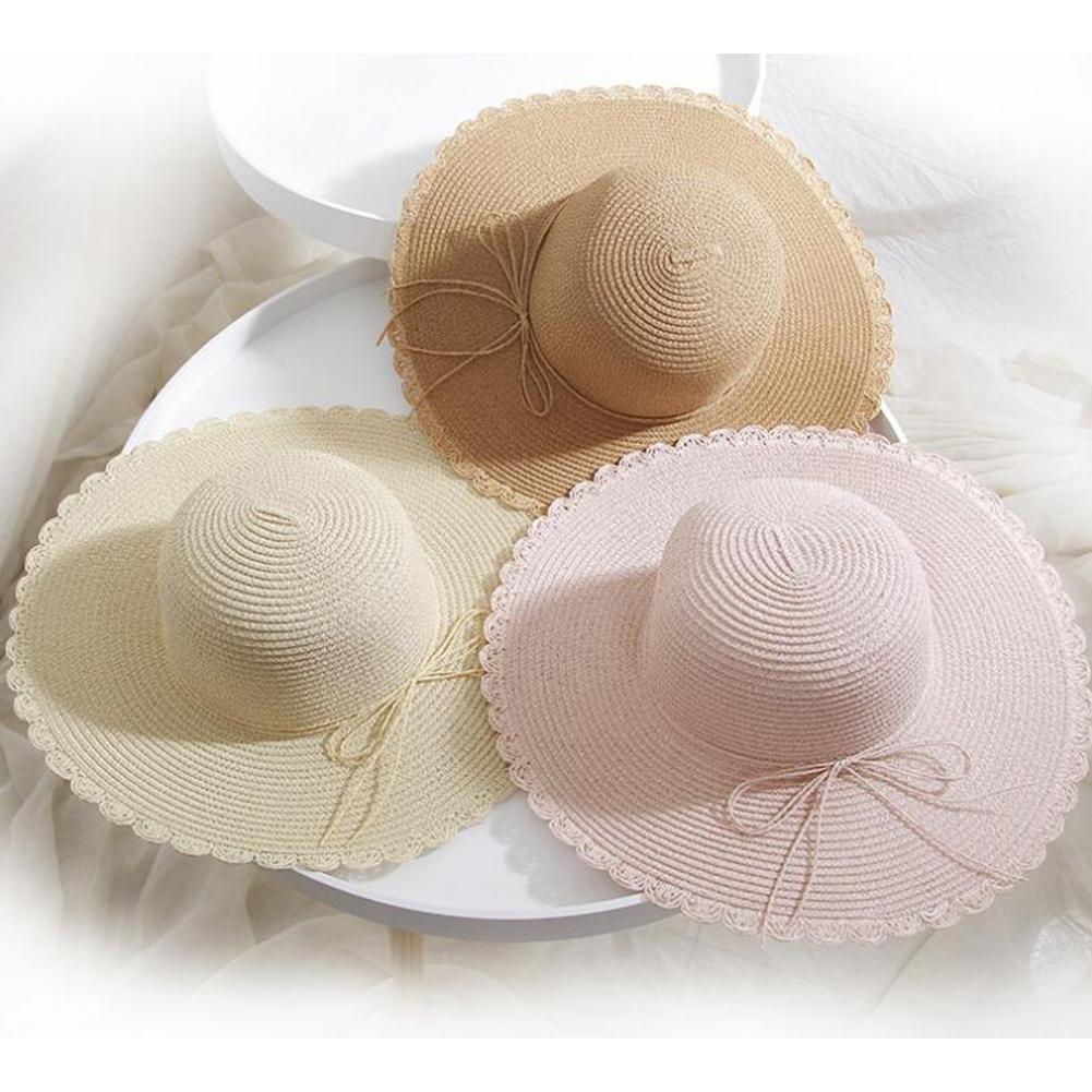 Women Summer Folding Sunscreen Wide Brim Cap with Bowknot for Seaside Beach