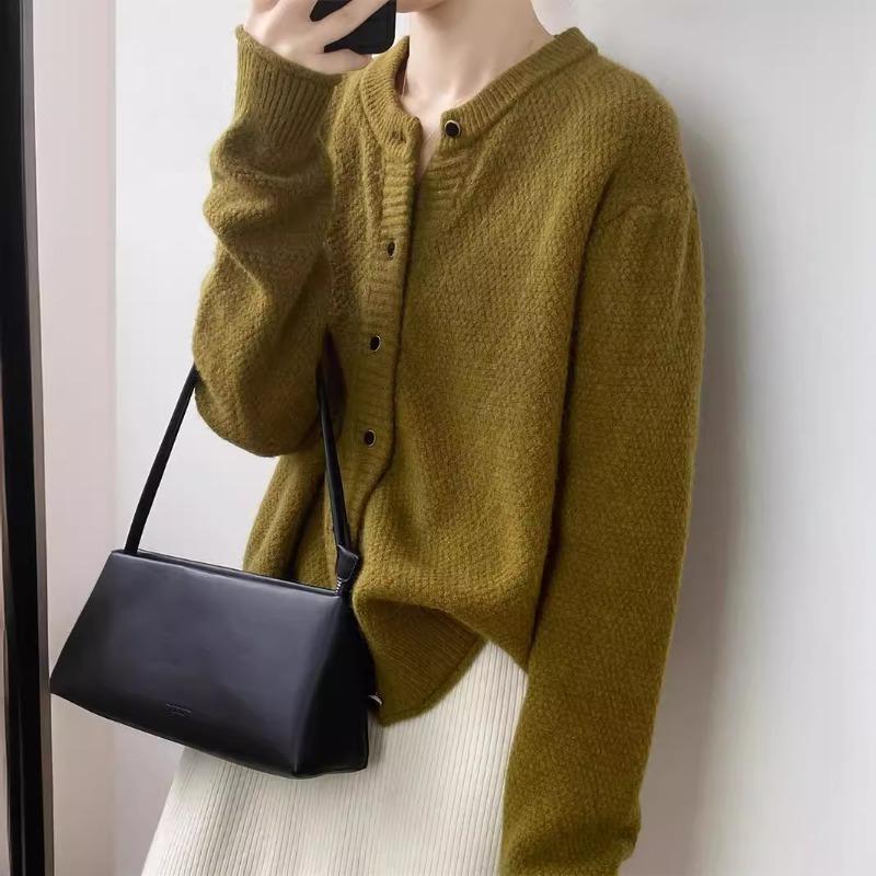 Autumn and Winter New Simple Temperament Long-sleeved Loose Round Neck Single-breasted Knitted Sweater Women's Cardigan Jacket Women's Clothing