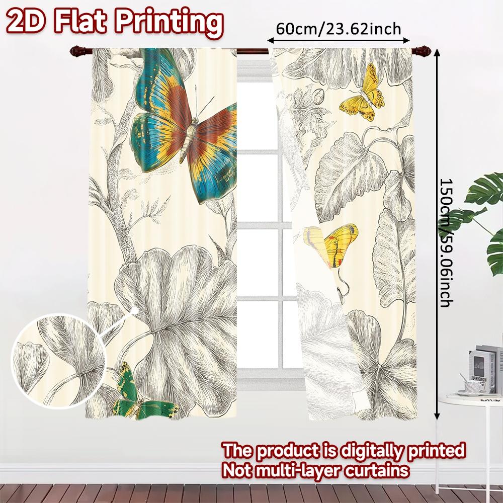 Set Of 2 Flat Printing Window Curtains Butterflies Tropical Foliage Digital Printed Polyester Drapes Seasonal Party Holiday Made