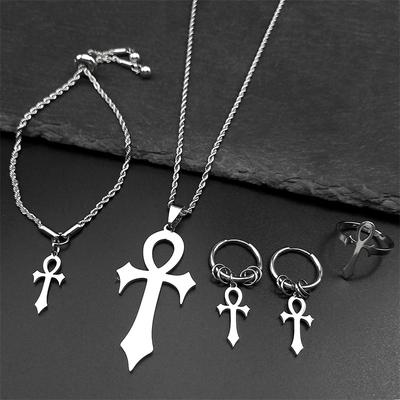 Stainless Steel Zircon Set Cross Ankh Key of Life Egyptian Necklace Bracelet Ring Earring Egypt Hieroglyphs Crux Ansata Gifts