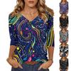 Women's Tops Three-quarter Sleeve Shirt V-neck Loose Casual Shirt Textured Printed T-shirt