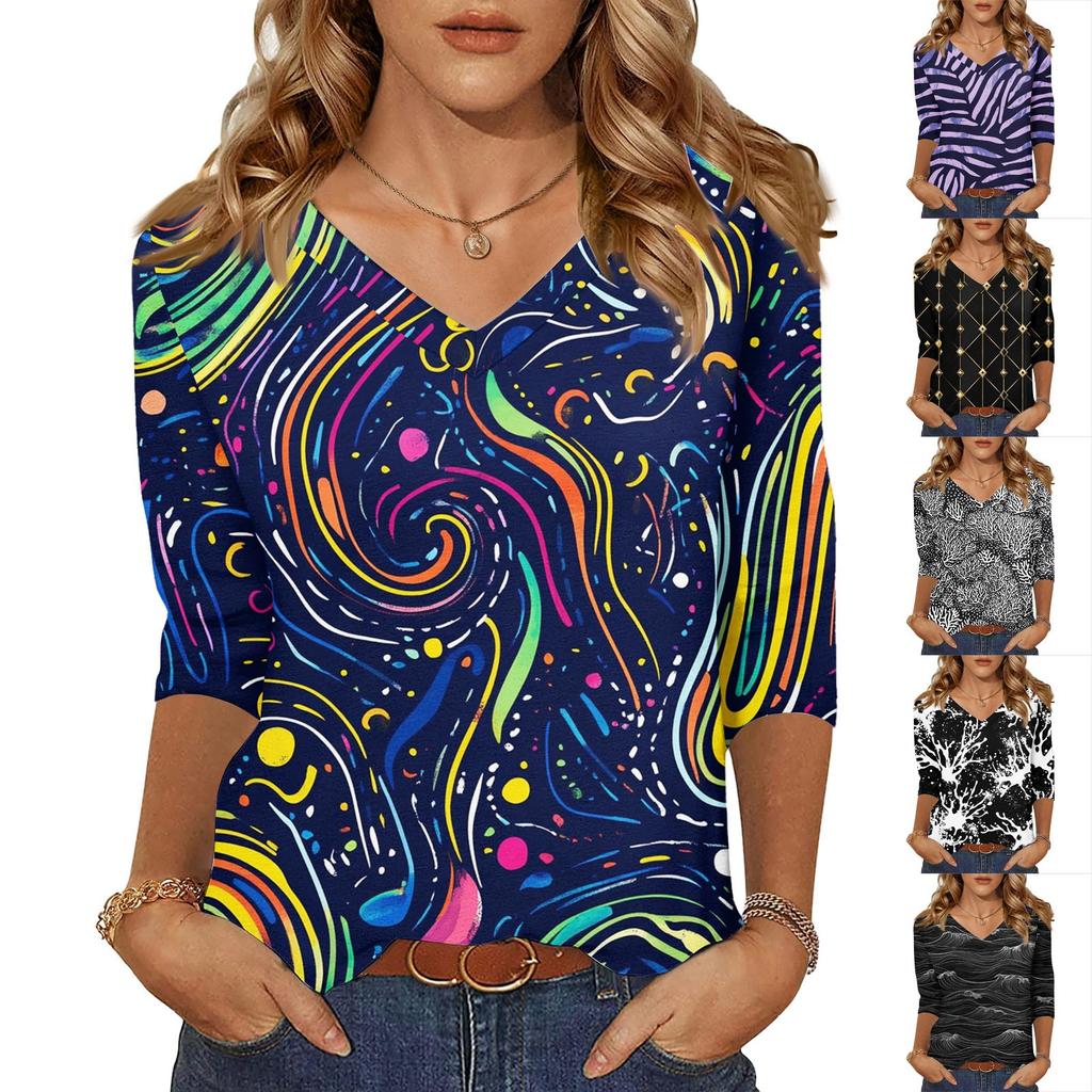Women's Tops Three-quarter Sleeve Shirt V-neck Loose Casual Shirt Textured Printed T-shirt