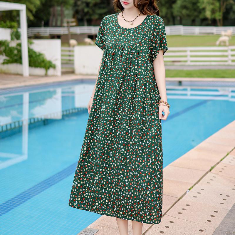 Vintage Print Loose Dresses For Women Plus Size Short Sleeve Casual Long Dress Summer Elegant Middle-aged Women's Clothing