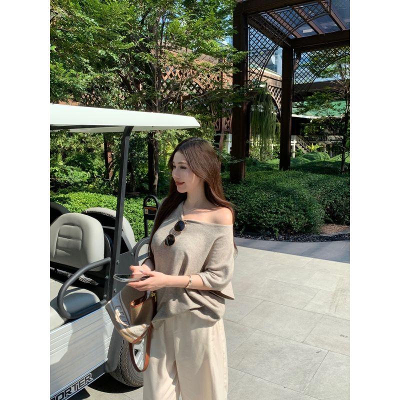 Loose Slim Looking Casual off-the-Shoulder Knitting Short Sleeve T-shirt