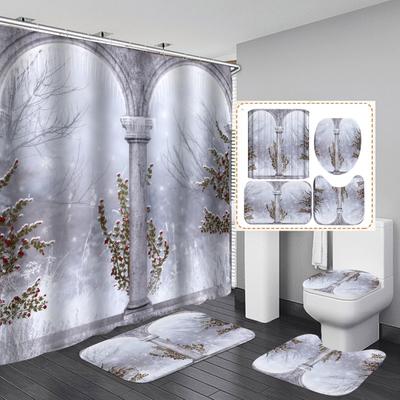 Ensembles de rideaux de douche série fenêtre d'hiver, 4 pièces, pour salle de bain, tapis de salle de bain antidérapants, couvercle de toilette, tapis de bain