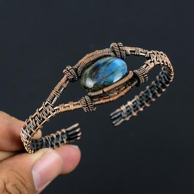 Labradorite Gemstone Handmade Copper Wire Wrap Jewelry Adjustable Cuff For Women