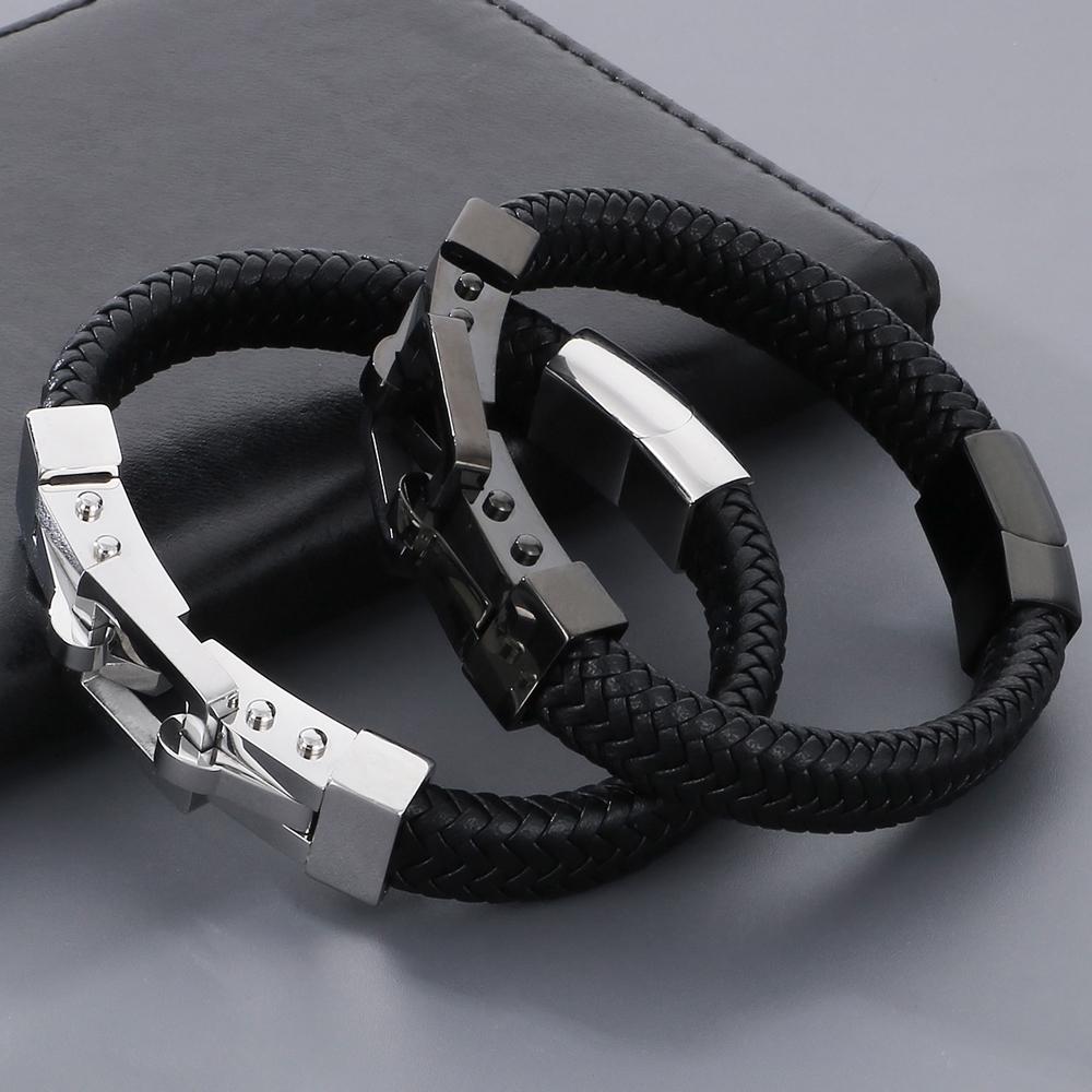 Handmade Braided Leather Wrap Man Bracelet Gold Color Stainless Steel Men's Bracelets with Magnet Clasp Birthday Party Gifts