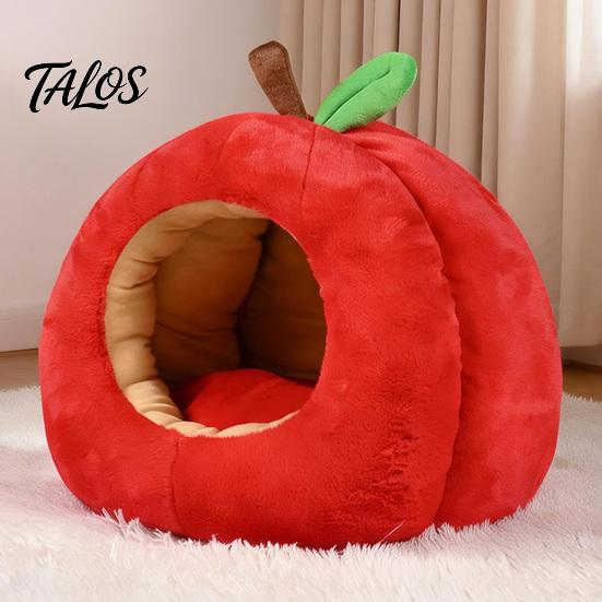 Weihnachtsgeschenk für Haustierbesitzer Apfelförmiges Katzenhöhlenbett, Plüsch-Versteck mit abnehmbarem Kissen, Warmes Neujahrs-Dekorationsbett, Gemütlich für kleine Hunde