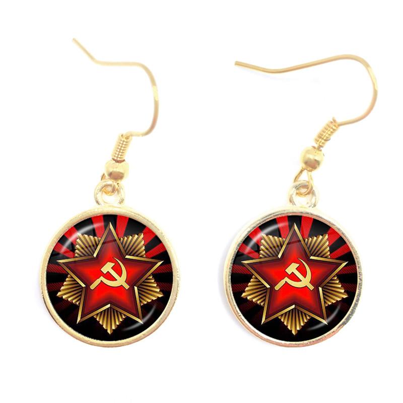 Soviet USSR Stalin Lenin Drop Earrings Classic Red Star Hammer Sickle Communism Emblem CCCP Glass Cabochon Ear Jewelry For Women
