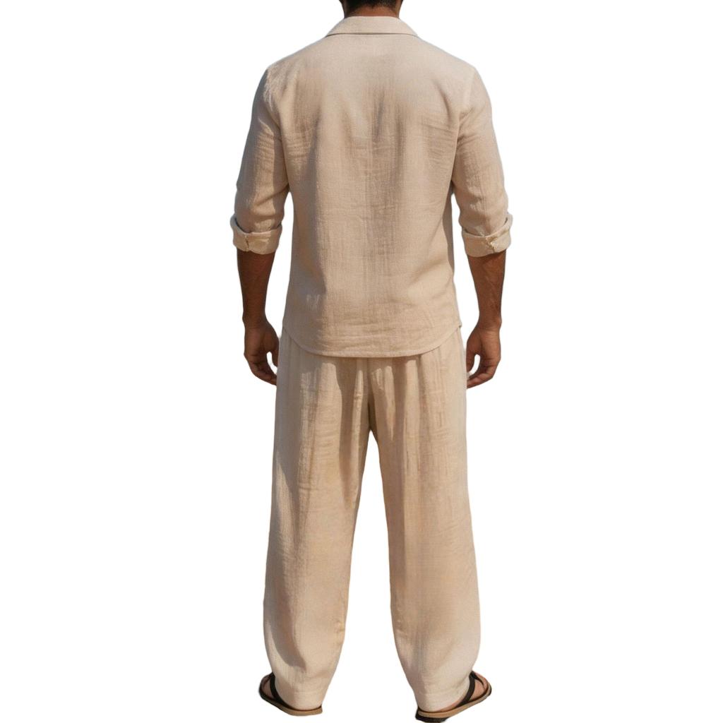 Men's Linen 2-Piece Set Long Sleeve Shirt and Pants Casual Loose Fit Breathable with Pockets