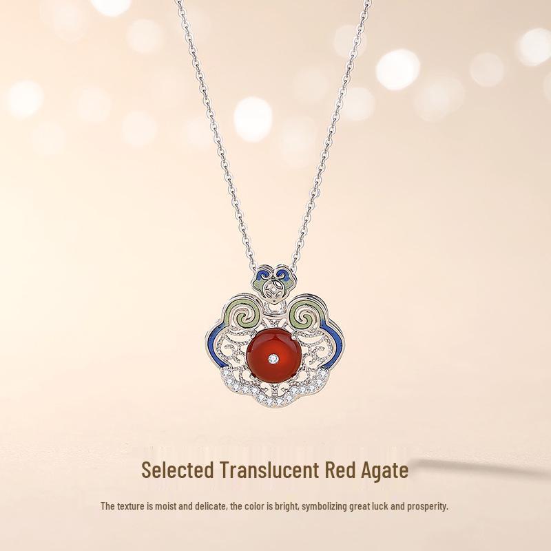 Tichiya Women s Red Agate Ping An Lock Necklace - S925 Sterling Silver, Chinese Style, Light Luxury Ruyi Design 925 Silver