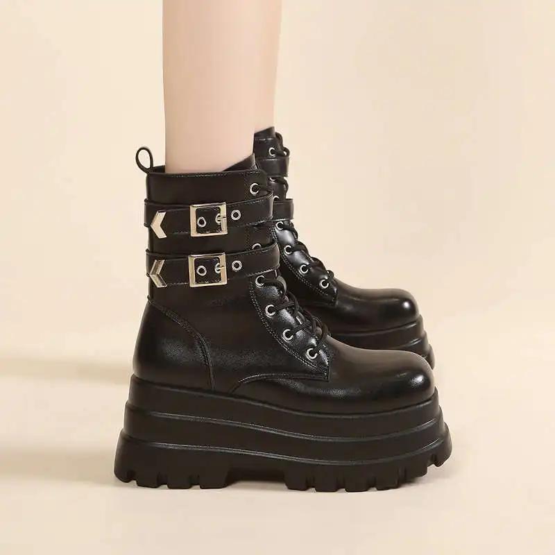 Punk Style Women Shoes Lace-up heel height 9CM Platform Shoes Woman Gothic Ankle Rock Boots Metal Decor Woman Sneakers
