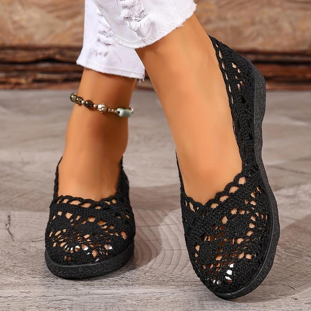 Women'S Casual Stylish Breathable Slip-On Shoes - Women'S Mesh Shoes with A Fabric Design, Hollow Lace Details, Flat Shoes Women