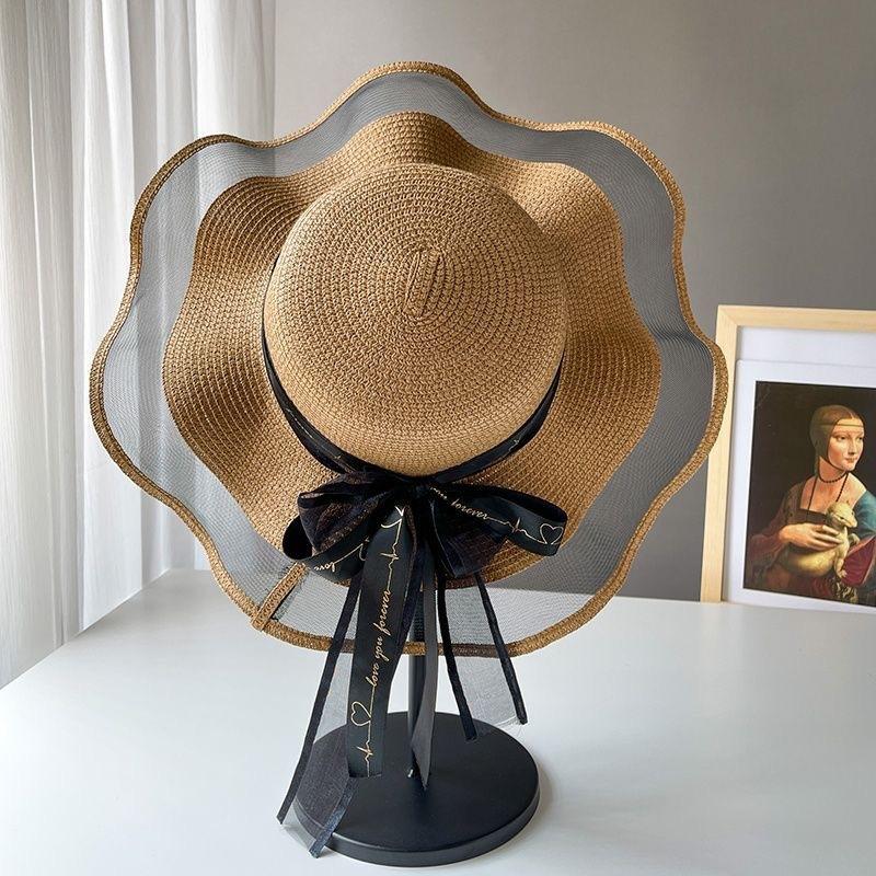 Flower Ribbon Sun Hat For Women's New Seaside Vacation Sweet Lace Sun Hat Summer Big Brim Straw Hat