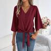 Damen Chiffon Bluse Lässig V-Ausschnitt Dreiviertelarm Knopfleiste Knoten Front Top