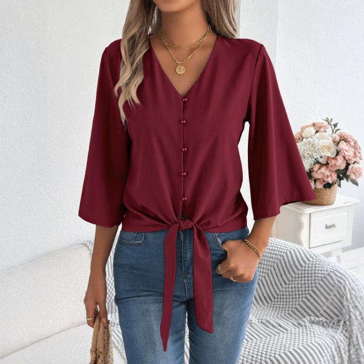 Damen Chiffon Bluse Lässig V-Ausschnitt Dreiviertelarm Knopfleiste Knoten Front Top