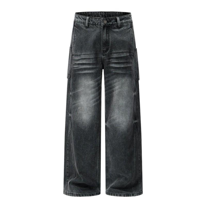 Mens Baggy Straight Leg Jeans Vintage Wash Distressed Punk Style Casual Denim Pants
