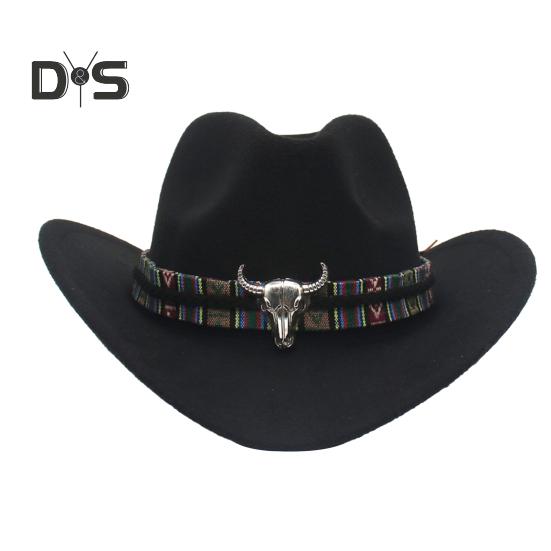 

Ковбойская шляпа в стиле вестерн для мужчин и женщин с широкими полями, солнцезащитная фетровая шляпа для пляжа, шерстяная фетровая шляпа для ковбойши с регулируемым ремешком S чёрный