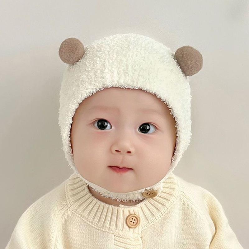 Cute Winter Warm Kids Girl Boys Baby Hats Fleece Wool Hemming Caps With Ball Solid Wool Ear Protection Hats Soft Newborn Bonnet
