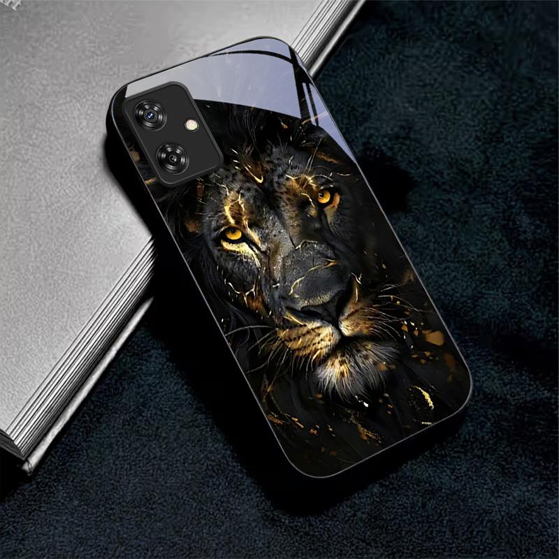 Lion With Golden Black Glass Phone Case For Motorola Moto G14 G22 G24Power G24 G34 G35 G45 G54 G55 G75 G84 G85 Hard Black Cover