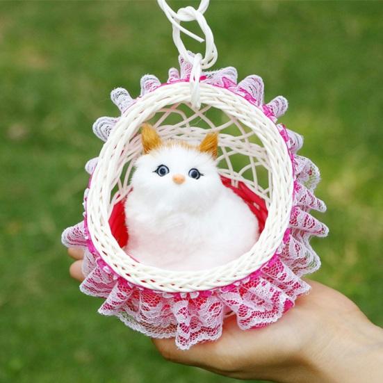 Cat In Flower Basket Model High Fidelity Fuzzy Kitty Shirring Lace Decor Battery-operated Soft Touch Plush Squeaking Feature Toy Figurine Holiday