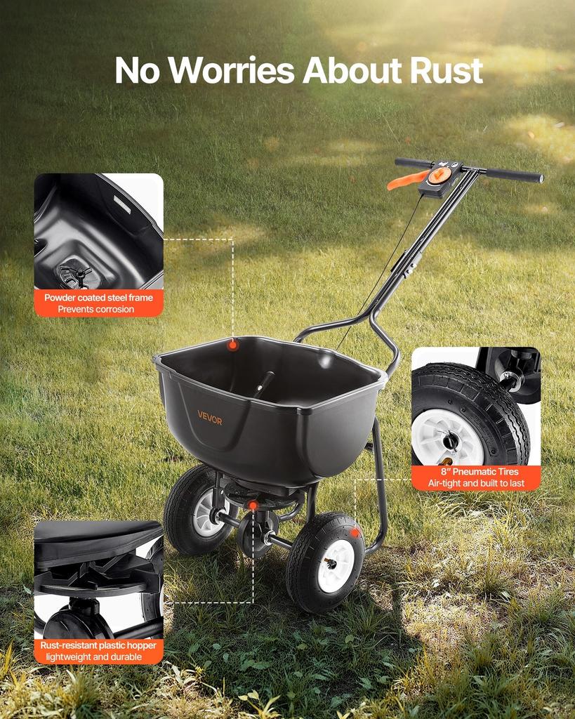 Walk Behind Spreader, 60LBS Capacity, Push Spreader with Hopper Grate, 0-9.8 Ft Spreading Width, 8 In All Terrain Pneumatic Tires, Garden & Lawn