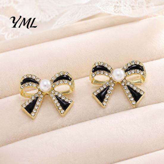 Chic Office Wear Jewelry 1 Pair Sparkly Rhinestone Bow Knot Stud Earrings for Women, Faux Pearl Sophisticated Gift Her Ribbon Earrings, Statement