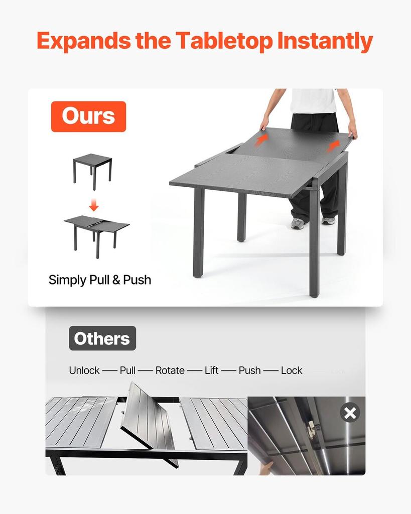 Ausziehbarer Outdoor-Terrassen-Esstisch, 80-160cm Rechteckige Hinterhof-Bistro-Tische für 4-6, Aluminiumrahmen Metall Stahlleisten, Wetterfest Groß