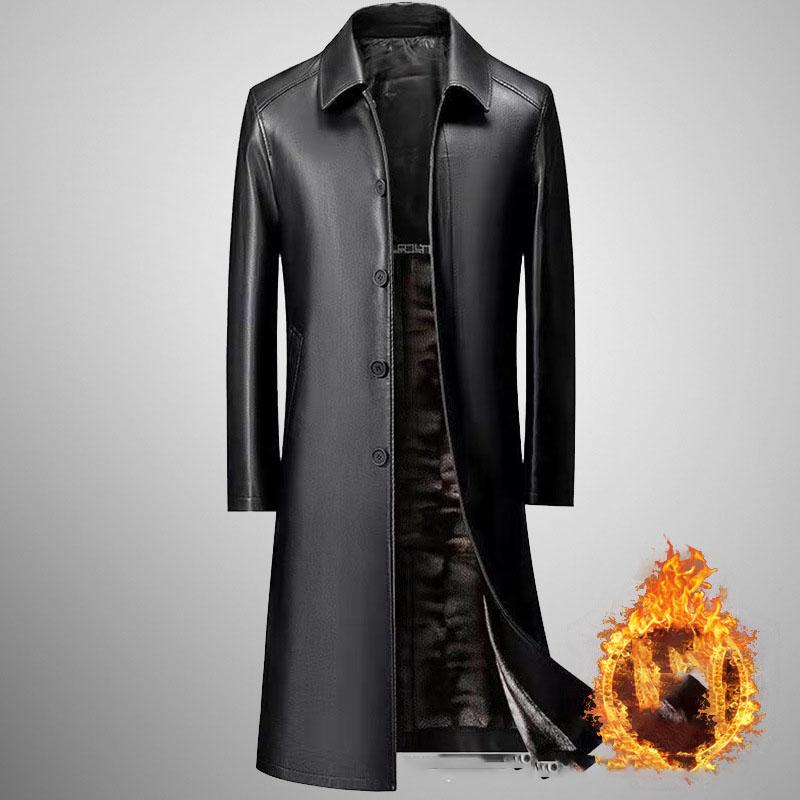 Men's Lapel Fur One-piece Mid-length Artificial Leather Jacket, Thickened Knee-length Warm Artificial Leather Coat