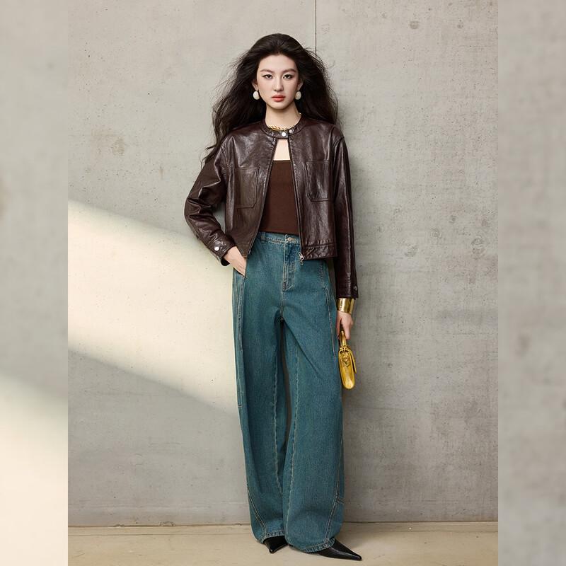 Bailuyu Motorcycle Style Genuine Leather Short Jacket