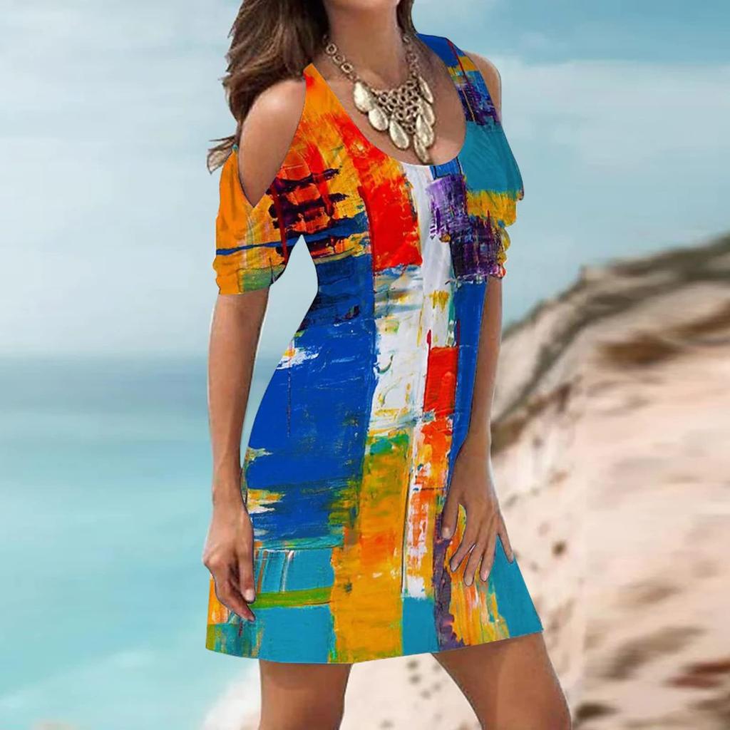Summer Dress For Women Vintage Cold Shoulder Boho Sun Dress Casual Short Sleeve Beach Dresses
